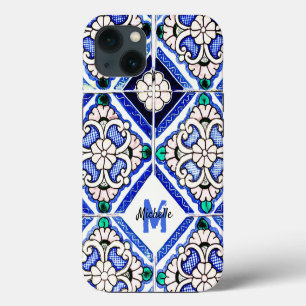 Azulejo Spanish Pattern Tiles Navy White Monogram iPhone 13 Case