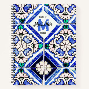Azulejo Spanish Pattern Tiles Navy White Monogram Notebook