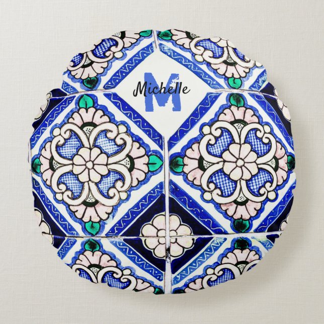 Azulejo Spanish Pattern Tiles Navy White Monogram Round Cushion (Front)