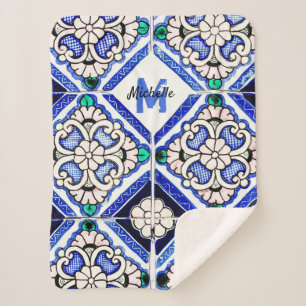 Azulejo Spanish Pattern Tiles Navy White Monogram Sherpa Blanket