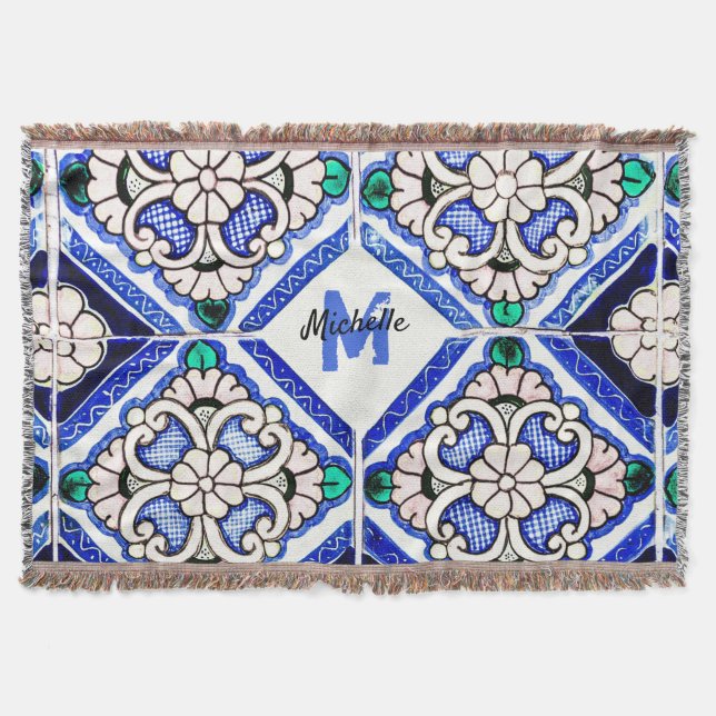 Azulejo Spanish Pattern Tiles Navy White Monogram Throw Blanket (Front)