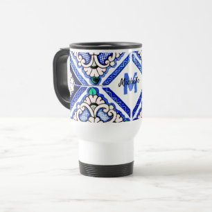 Azulejo Spanish Pattern Tiles Navy White Monogram Travel Mug