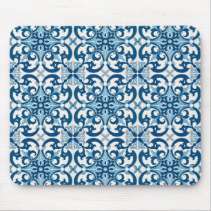 Azulejo Tile Pattern Indigo Blue White Mouse Mat