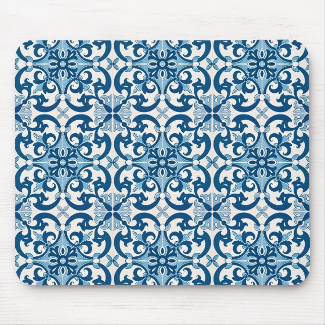 Azulejo Tile Pattern Indigo Blue White Mouse Mat (Front)