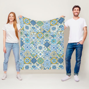 Azulejo tiles in blue and yellow fleece blanket
