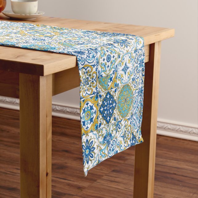 Azulejo tiles in blue and yellow short table runner (In Situ)