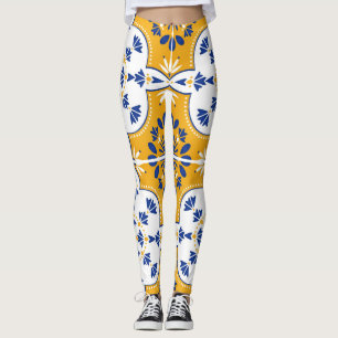 Azulejos Blue Yellow White Pattern Tiles  Leggings