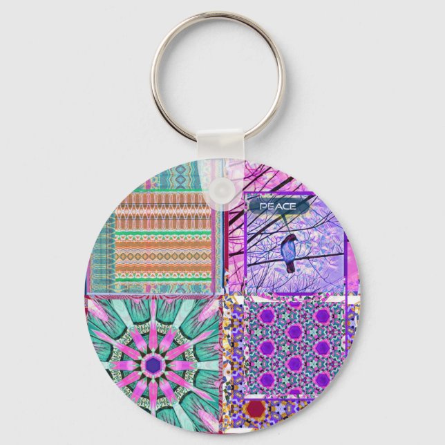 Azulejos Geometric Tiles with Bird of Peace Key Ring (Front)