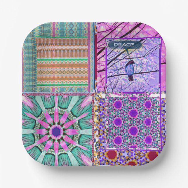 Azulejos Geometric Tiles with Bird of Peace Paper Plate (Front)
