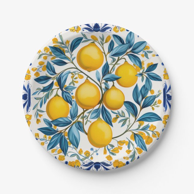 💙💛 Azulejos Lemon Orchard Paper Plates (Front)