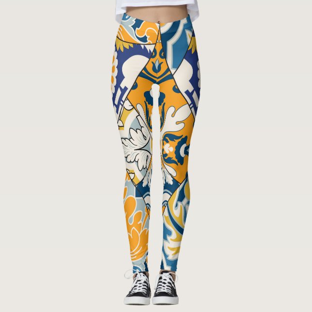 Azulejos Tiles Patchwork Vintage Wallpaper Leggings (Front)