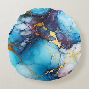 Azure & Amethyst Marble with Golden Veins Round Cushion