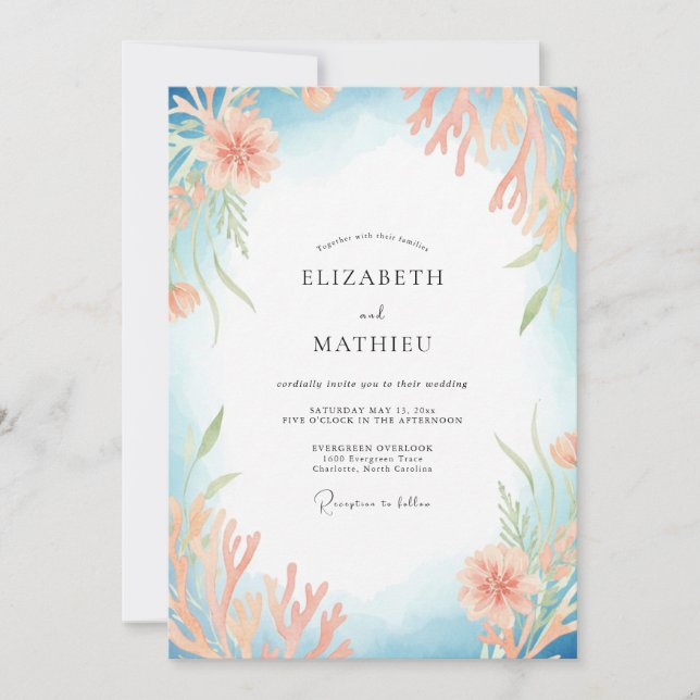 Azure Apricot Aquatic Eucalyptus Wedding Invitation (Front)