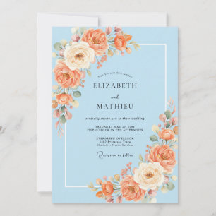 Azure Apricot Peony Wedding Invitation