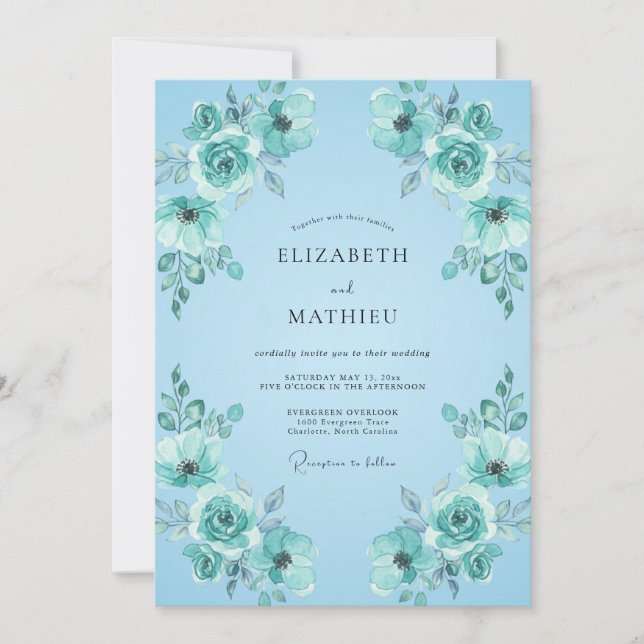 Azure Aquamarine Leaf Wedding Invitation (Front)