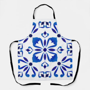 Azure Arabesque Floral Geometry Elegant Coastal Apron
