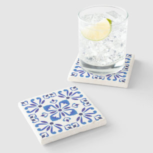 Azure Arabesque Floral Geometry Elegant Coastal Stone Coaster