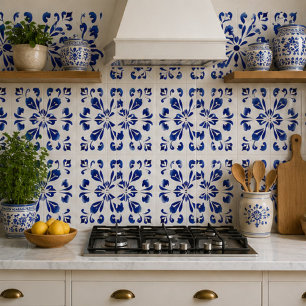 Azure Arabesque Floral Geometry Elegant Coastal Tile