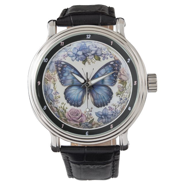 Azure Bloom" - Blue Butterfly Floral Watch (Front)