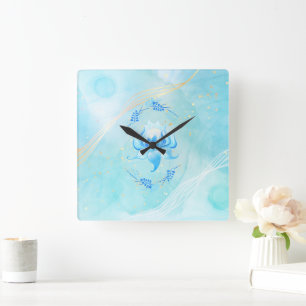 Azure Bloom Teal Lotus Flower Square Wall Clock