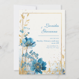 Azure Blooms & Gold Leaf Watercolor Wedding Invitation