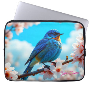 Azure Blue Bird on Cherry Blossom Branch Laptop Sleeve