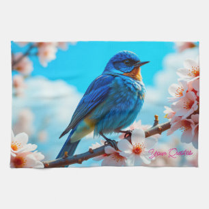 Azure Blue Bird on Cherry Blossom Branch Tea Towel