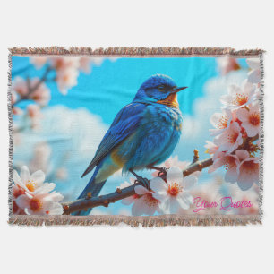 Azure Blue Bird on Cherry Blossom Branch Throw Blanket