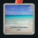 Azure Blue Caribbean Tropical Beach Christmas Metal Tree Decoration<br><div class="desc">Personalise this caribbean christmas ornament to commemorate your christmas in the caribbean. A white sandy beach with gentle waves and a vivid ocean view of crystal clear turquoise waters. Bright blue sky and soft fluffy clouds overlook this dreamy tropical caribbean vacation spot. Tranquil and secluded, the perfect spot to relax...</div>