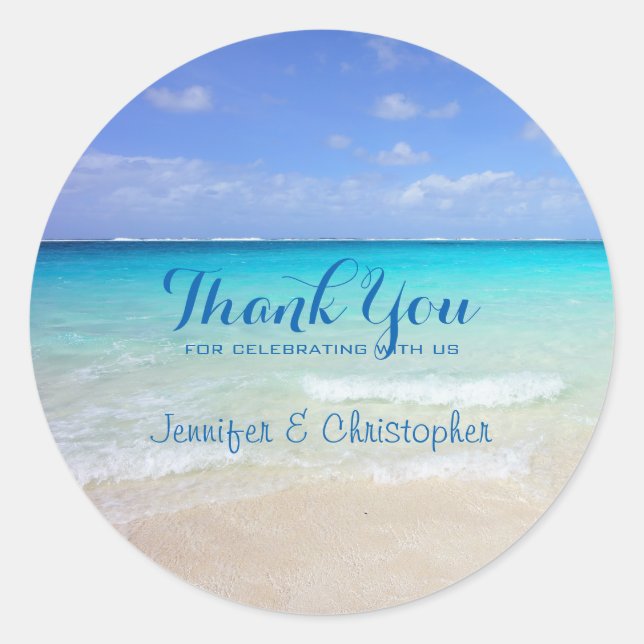 Azure Blue Caribbean Tropical Beach Thank You Classic Round Sticker (Front)