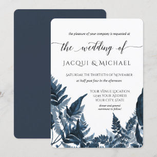 Azure Blue Forest Fern Foliage Watercolor Wedding Invitation