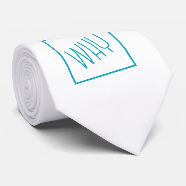 Azure blue geometric pattern on plain white tie (Rolled)