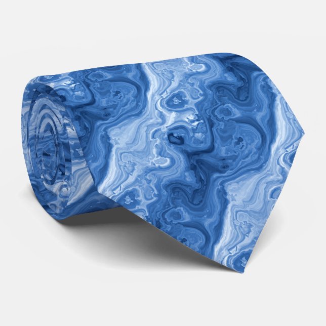 Azure Blue Malachite Marble Swirls Art Pattern Tie (Rolled)
