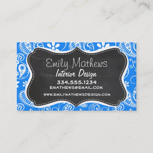 Azure Blue Paisley; Floral; Chalkboard Business Card (Front)