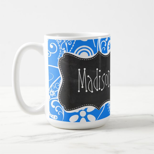 Azure Blue Paisley; Floral; Chalkboard Coffee Mug (Left)