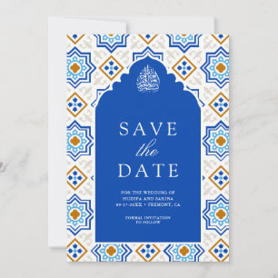 Azure Blue Persian Mosaic Muslim Wedding Save The Date