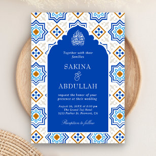 Azure Blue Persian Mosaic QR Code Muslim Wedding Invitation