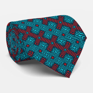 Azure Blue Red Retro Pattern Necktie