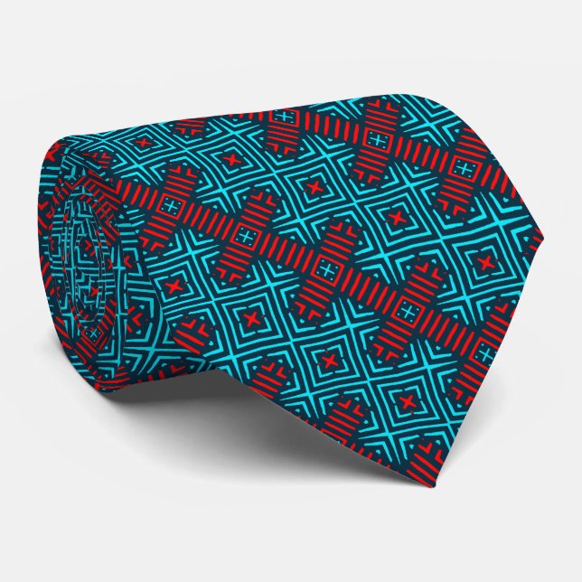 Azure Blue Red Retro Pattern Necktie (Rolled)