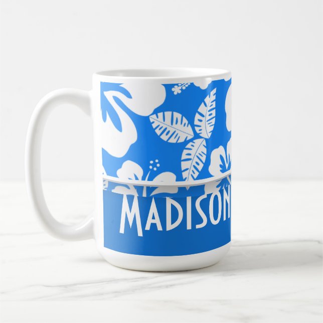 Azure Blue Tropical Hibiscus; Personalised Coffee Mug (Left)