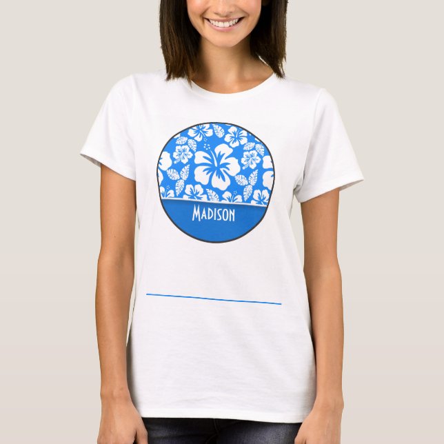 Azure Blue Tropical Hibiscus; Personalised T-Shirt (Front)