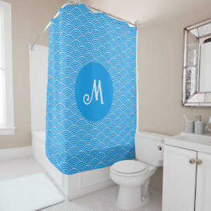 Azure Blue Wave Pattern Monogrammed Shower Curtain