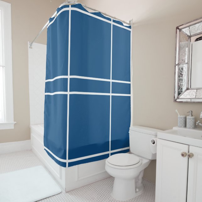 Azure Blue White Geometric Stripes Shower Curtain (In Situ)