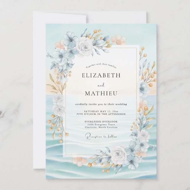 Azure Blush Champagne Peony Wedding Invitation (Front)