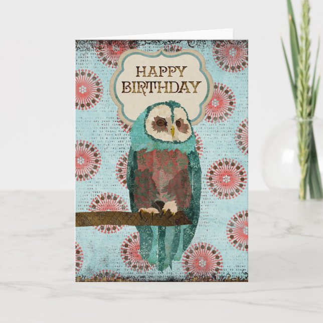 Azure & Blush  Owl Birthday  Card (Front)