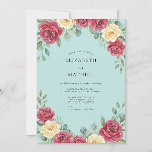 Azure Burgundy Yellow Painted Wedding Invitation (Front)