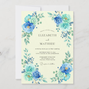 Azure Cerulean Ranunculus Eucalyptus Wedding Invitation