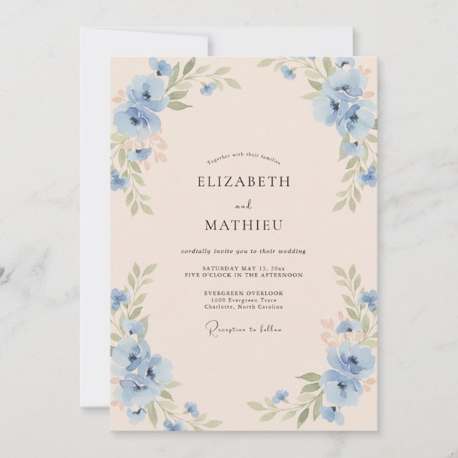 Azure Champagne Cornflower Eucalyptus Wedding Invitation (Front)