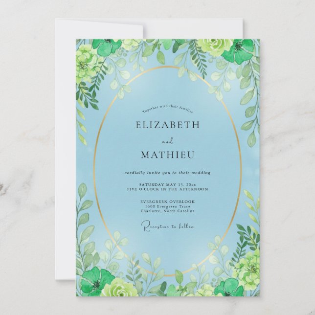 Azure Chartreuse Leafy Wedding Invitation (Front)
