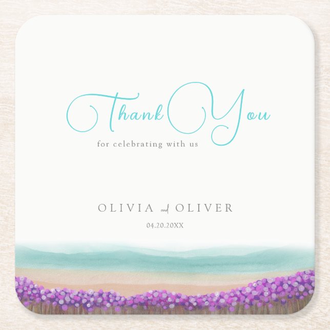 Azure Coast in Bloom Wedding Square Paper Coaster (Front)